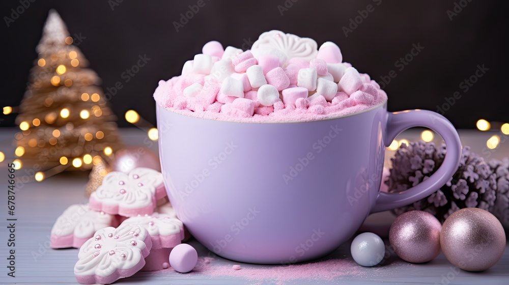 a purple cup filled with marshmallows next to a small christmas tree and other holiday decorations on a white table with a lit christmas tree in the background. a purple cup filled with marshmallows next to a small christmas tree and other holiday decorations on a white table with a lit christmas tree in the background.