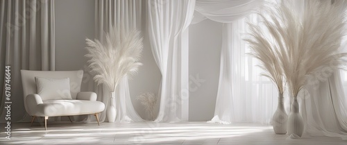 Backdrop of white boho minimalist room with arch and flowing white curtains, white wedding flowers, oversize white pampas grass, oversize white ginko flowers, white floring, volumetric ligh