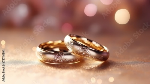  a close up of two wedding rings on a table with boke of lights in the background and a blurry boke of lights in the backroug of the background.