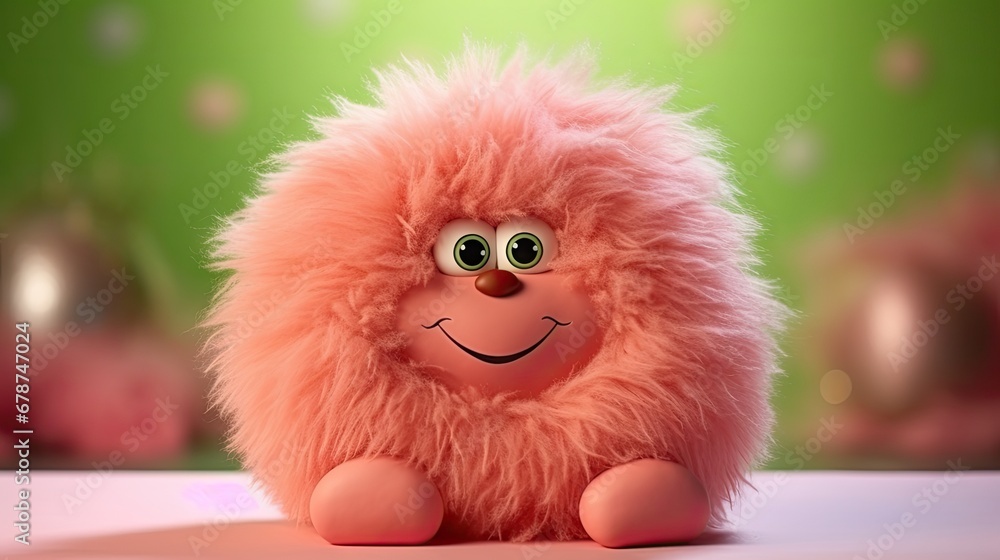  a close up of a stuffed animal with a smile on it's face and a smile on its face, on a table with a green wall in the background. - obrazy, fototapety, plakaty 