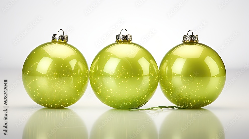 a group of three shiny green ornaments sitting on top of a white surface with a reflection on the surface of the sphere and the top of the ornament of the ornament. a group of three shiny green ornaments sitting on top of a white surface with a reflection on the surface of the sphere and the top of the ornament of the ornament.