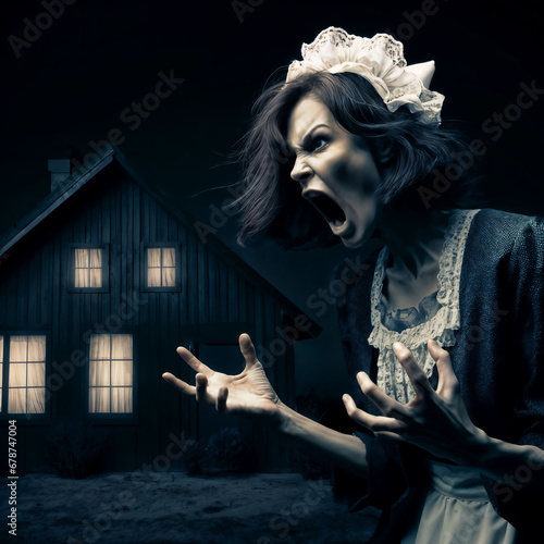 photo of stressful woman unhappy shouting in front of house, generative AI
