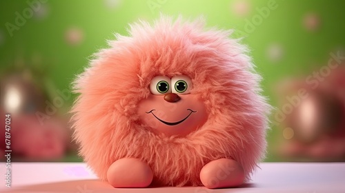  a close up of a stuffed animal with a smile on it's face and a smile on its face, on a table with a green wall in the background.