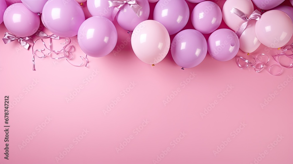  a bunch of balloons and confetti on a pink background with a bow on the top of the balloons and confetti on the bottom of the balloons.