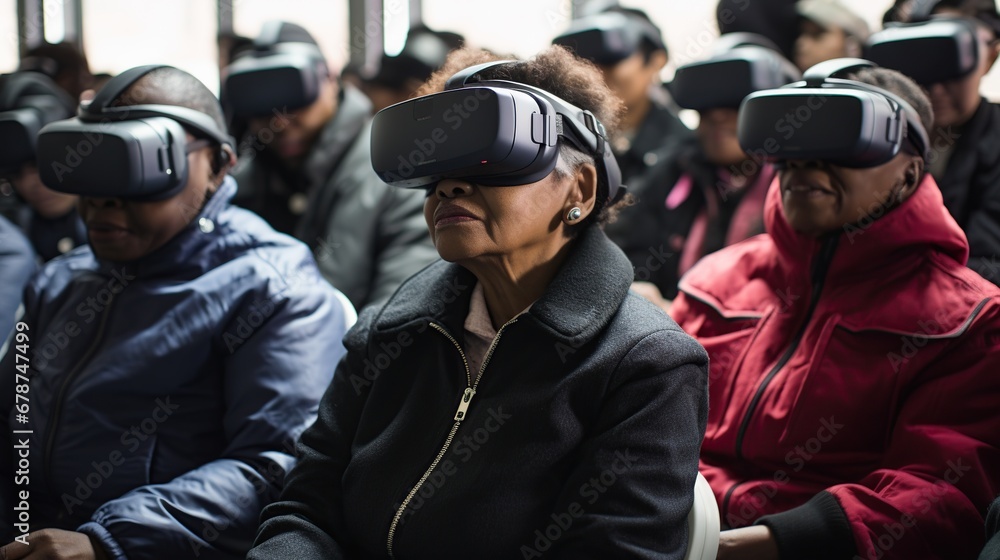 A Group of Seniors Wearing Virtual reality headset participating in a exercise class.healthy aging through the technology A Group of Seniors Wearing Virtual reality headset participating in a exercise class.healthy aging through the technology