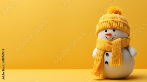  a snowman wearing a yellow scarf and a knitted hat with a pom - pom on top of it  standing in front of a yellow background.