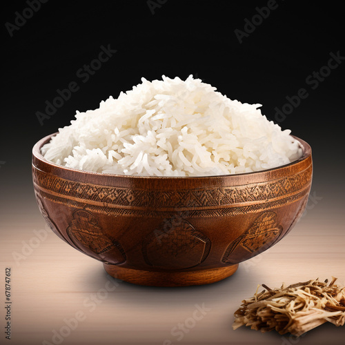 Bowl of rice on a white background, high quality, unusual background.