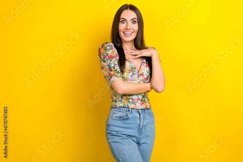 Photo of positive lovely girl wear trendy clothes pointing herself rejoice offer proposition isolated on vivid yellow color background