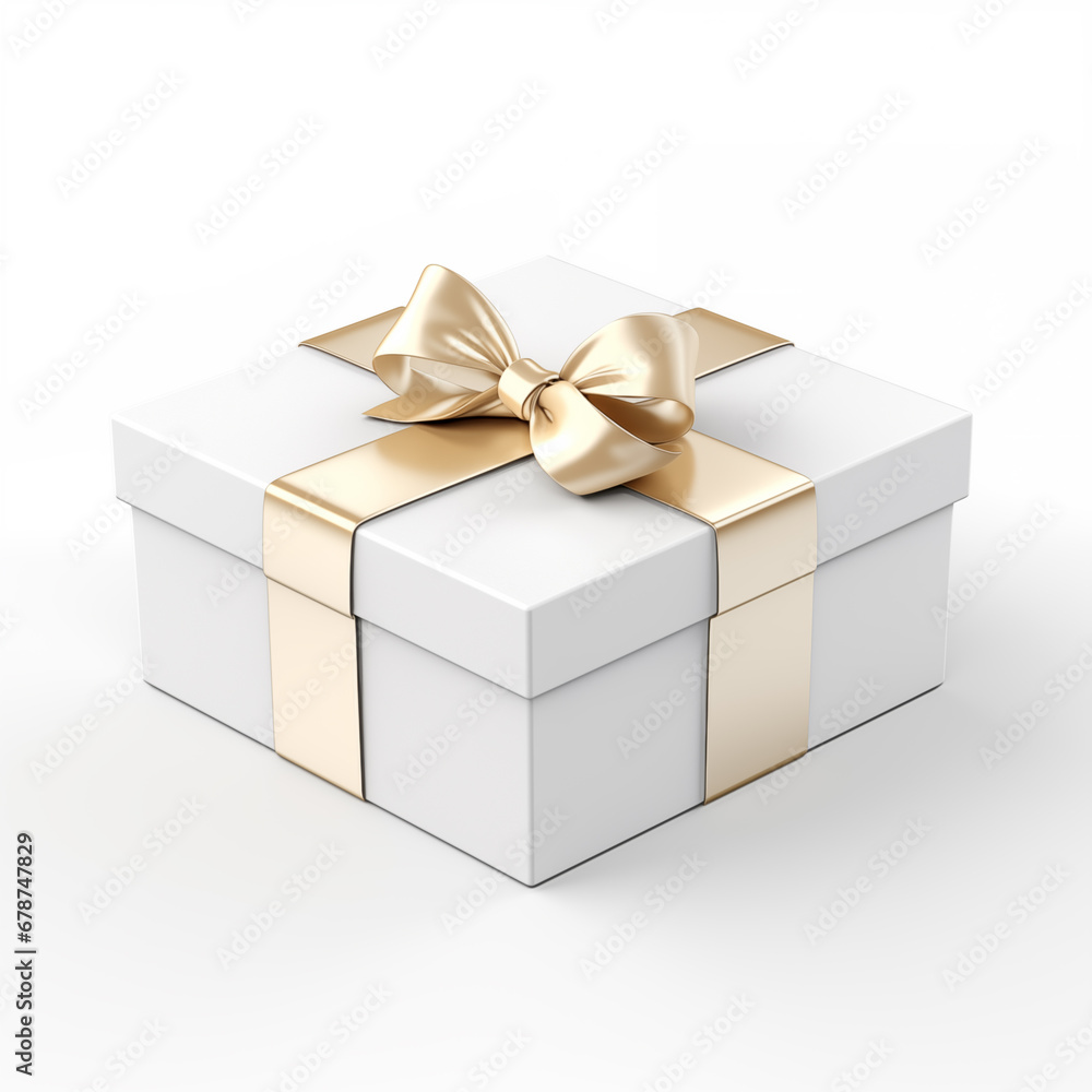 Isolated mockup white gift box with golden ribbon on white background. Plain present for custom illustration and pattern design. Isolated mockup white gift box with golden ribbon on white background. Plain present for custom illustration and pattern design.