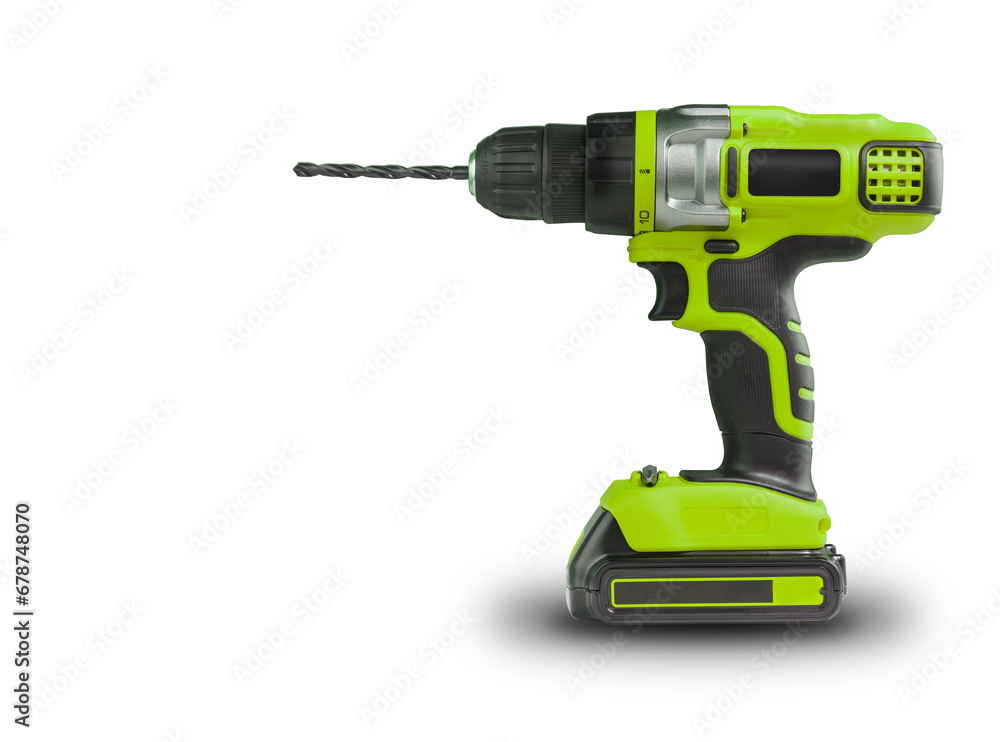 Cordless Green power drill isolated on a white background Cordless Green power drill isolated on a white background
