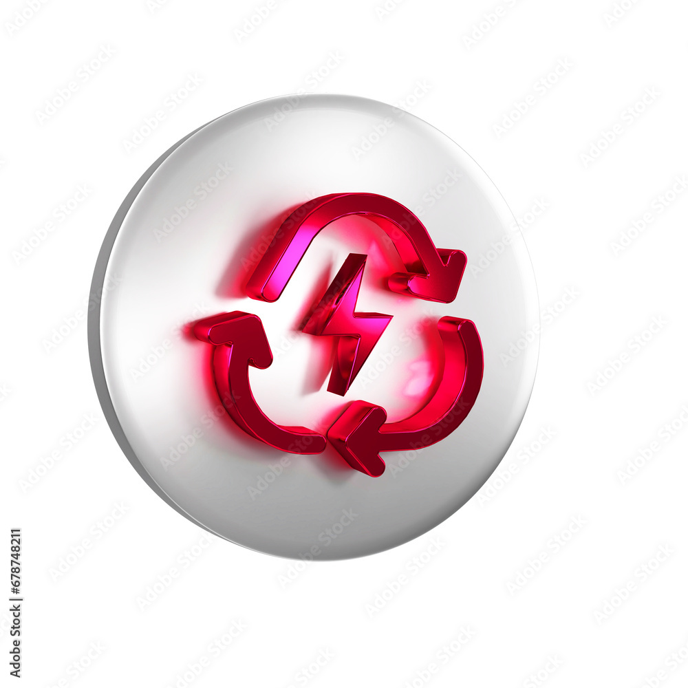 Red Battery with recycle symbol line icon isolated on transparent background. Battery with recycling symbol - renewable energy concept. Silver circle button. Red Battery with recycle symbol line icon isolated on transparent background. Battery with recycling symbol - renewable energy concept. Silver circle button.