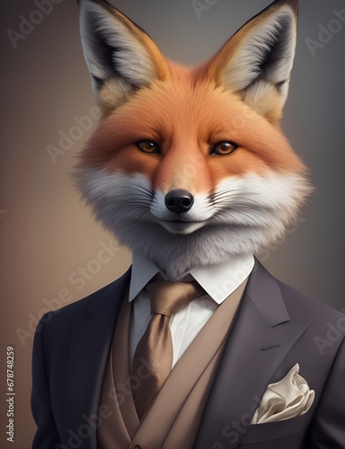 Fox is dressed elegantly in a suit with a lovely tie. An anthropomorphic animal poses for a fashion photograph with a charming human attitude.