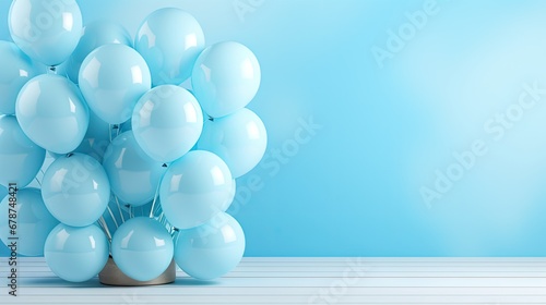  a bunch of blue balloons are in a vase on a table with a blue wall in the background and a light blue wall in the middle of the room behind.