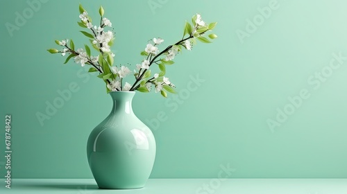  a light blue vase with white flowers in it on a table in front of a mint green background with a light green wall behind the vase and a light green wall.
