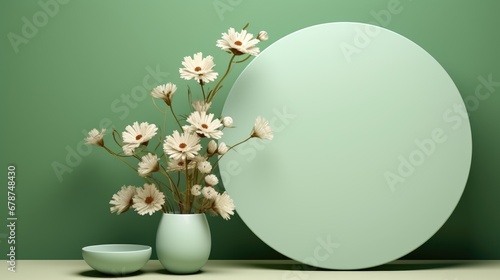  a vase filled with white flowers next to a large round mirror on top of a table next to a bowl and a vase with white flowers in front of a green background.