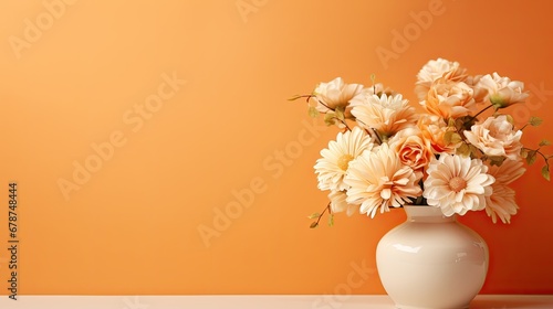  a white vase filled with lots of white and orange flowers on a table next to an orange wall and a white table with a white vase with flowers on it.
