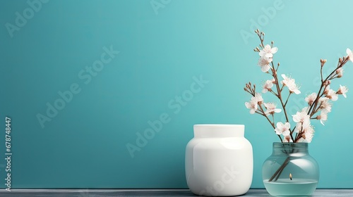  a couple of vases sitting on top of a table next to a vase with a flower in it and a vase with a candle on the side of the table.
