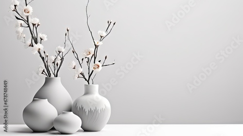  a group of three vases sitting on top of a table next to each other on top of a table with a plant in the middle of the vases.