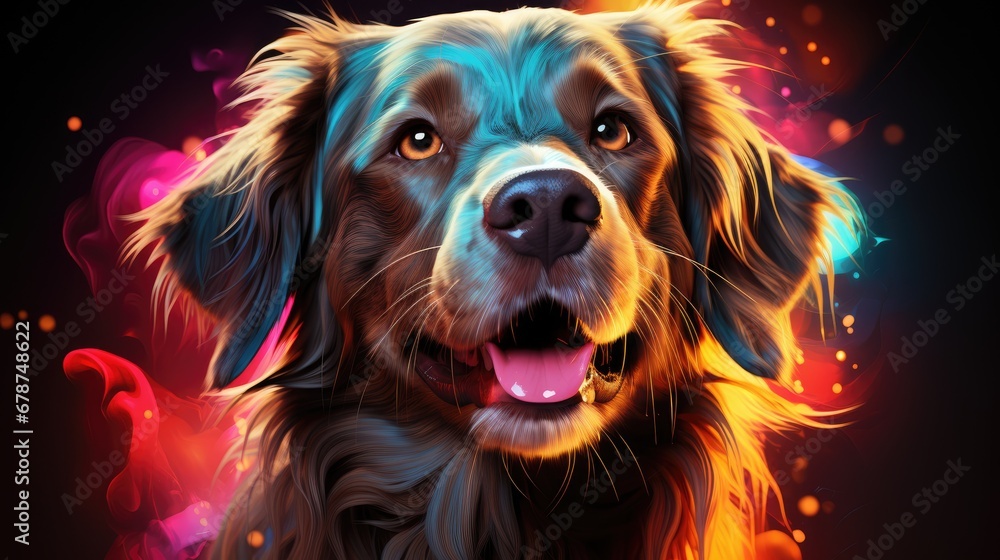  a close up of a dog's face on a black background with red, yellow, and blue bubbles of light coming from the dog's eyes and mouth.