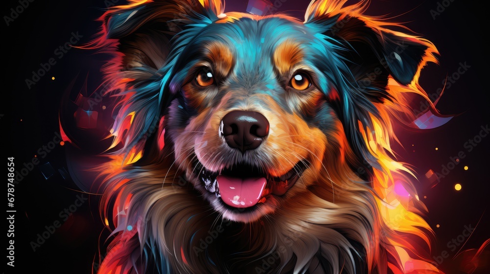  a close up of a dog's face on a black background with red, orange, and blue streaks of light coming out of it's eyes and the dog's eyes.