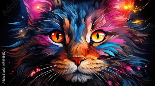 a close up of a cat's face on a black background with bright colored lights coming out of the cat's eyes and the cat's head.