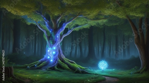 The camera pulls back to show the enchanted forest in all its splendor, with the Tree of Lumina at its center, radiating its magical light. photo