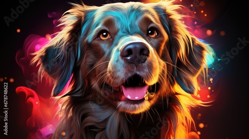  a close up of a dog's face on a black background with red, yellow, and blue bubbles of light coming from the dog's eyes and mouth. © Shanti