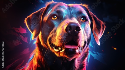  a close up of a dog's face on a dark background with colorful paint splattered on the dog's face and the dog's head.