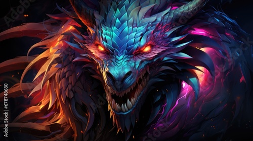  a close up of a dragon s head with glowing eyes and red  orange  blue  and pink hair on a black background with red  orange  yellow  and pink  and purple lines.