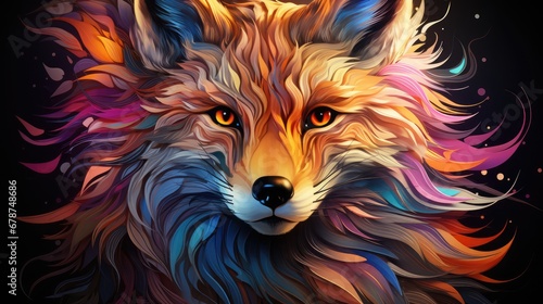  a close up of a painting of a fox's face with multicolored feathers on it's face and a black background