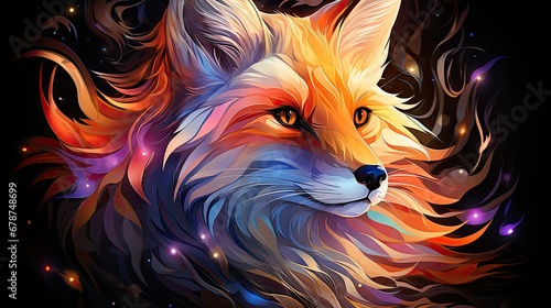  a close up of a fox's face on a black background with a star filled sky in the background and stars in the middle of the fox's fur.