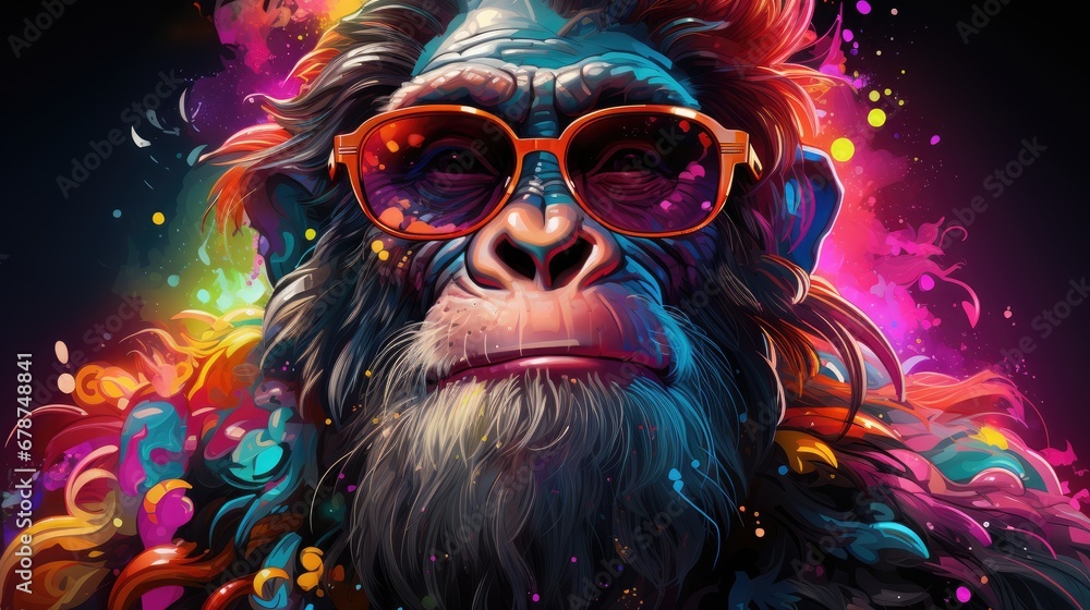  a digital painting of a monkey with sunglasses on it's face and colorful paint splatters all over it's body and a black background with a black background.