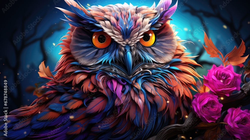  a painting of an owl sitting on a tree branch with flowers in front of a full moon in the night sky with a full moon in the sky in the background.