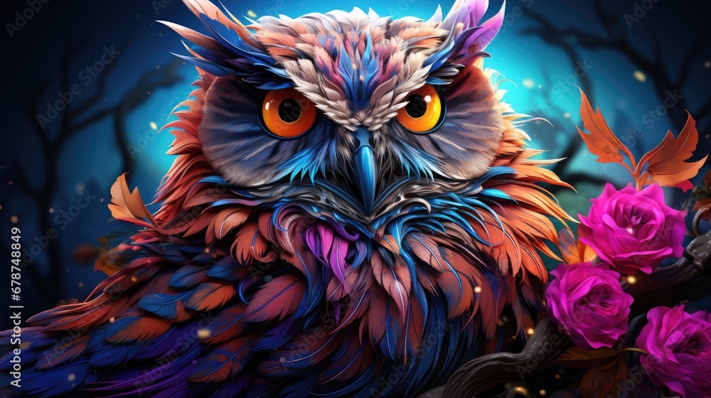 a painting of an owl sitting on a tree branch with flowers in front of a full moon in the night sky with a full moon in the sky in the background. a painting of an owl sitting on a tree branch with flowers in front of a full moon in the night sky with a full moon in the sky in the background.