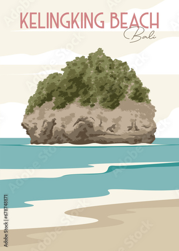 kelingking beach vintage poster illustration design, nusa penida in bali travel poster design