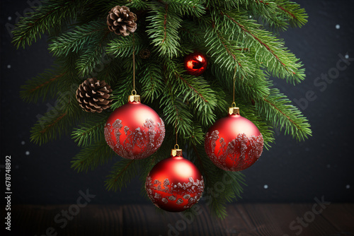 Christmas tree branches isolated on a dark background with festive decoration, fresh conifer and a red ornament.