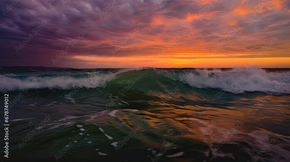  a sunset over a body of water with a wave in the foreground and a sky filled with clouds in the background, with a bright orange and purple hue in the middle of the water.