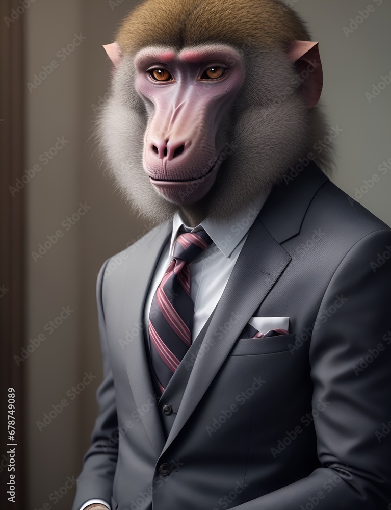 Baboon is dressed elegantly in a suit with a lovely tie. An anthropomorphic animal poses for a fashion photograph with a charming human attitude. Baboon is dressed elegantly in a suit with a lovely tie. An anthropomorphic animal poses for a fashion photograph with a charming human attitude.