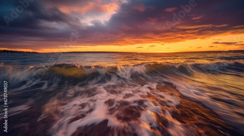  the sun is setting over the ocean and the waves are crashing in front of the shore and a small island in the distance is seen from the water's surface.