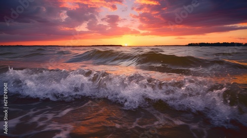  a sunset over a body of water with a large wave in the foreground and a small island in the distance with trees on the other side of the water.