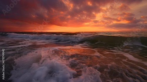  a sunset over a body of water with waves in the foreground and a red sky with clouds in the background with a sun setting on top of the horizon.