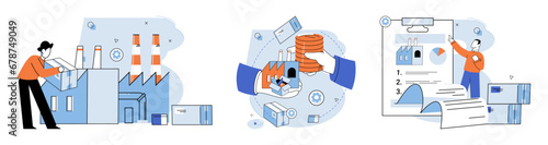 Business process. Vector illustration. Occupation in commercial sector requires knowledge marketing and finance Economic management plays crucial role in investment decisions Accounting practices