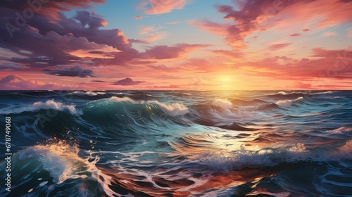  a painting of a sunset over a large body of water with a wave in the foreground and the sun in the distance with clouds in the sky above the water.
