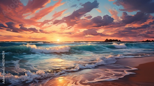 a painting of a sunset on a beach with waves crashing in front of a rocky outcropping and a rock outcropping outcropping in the distance.