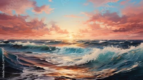  a painting of a sunset over a large body of water with waves in the foreground and a setting sun in the middle of the sky overcast sky above the ocean.