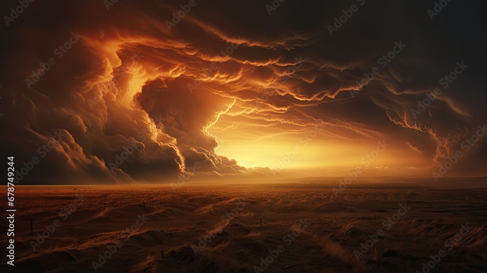  a large group of clouds are in the sky above a desert area with a fence in the foreground and the sun shining through the clouds in the middle of the distance.