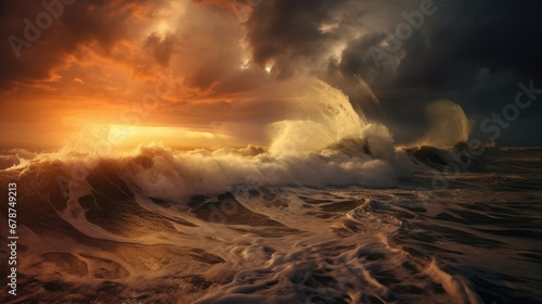  a very large wave in the ocean with a sunset in the backgrouund of the wave and the sun in the middle of the ocean with a dark cloudy sky.