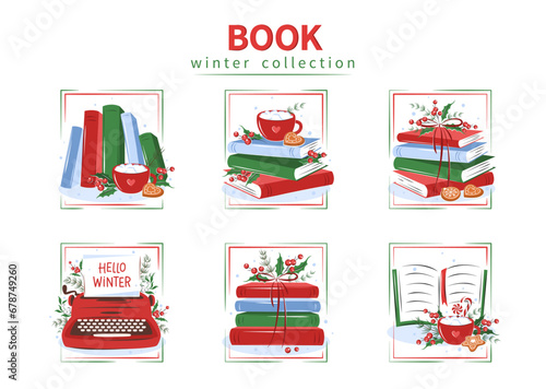 Books with winter decor. Set of reading elements for  bookshop, library, bookstore or education. Vector illustration on white background
