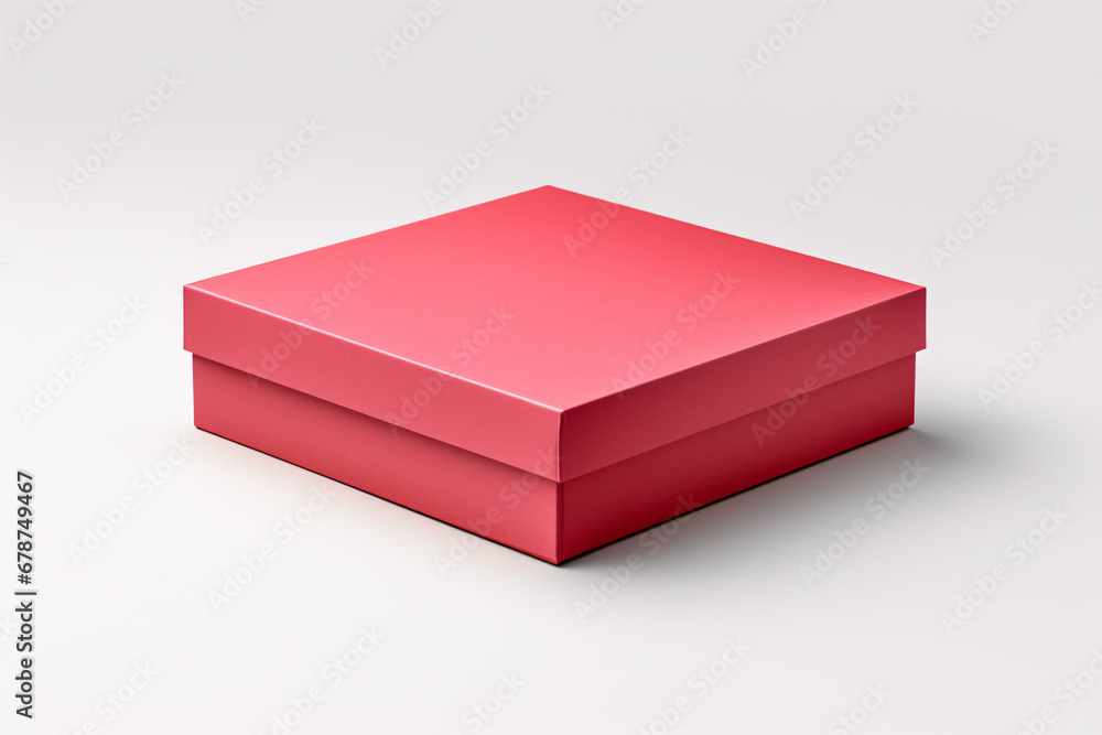 Isolated white background showcases a 3D-illustrated packaging box mockup template with a red, plain, square paper box. Isolated white background showcases a 3D-illustrated packaging box mockup template with a red, plain, square paper box.