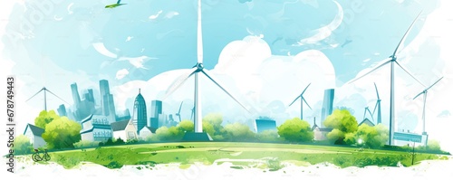 windmills turbines and a blue sky generating electricity green energy energy transition. AI generated image